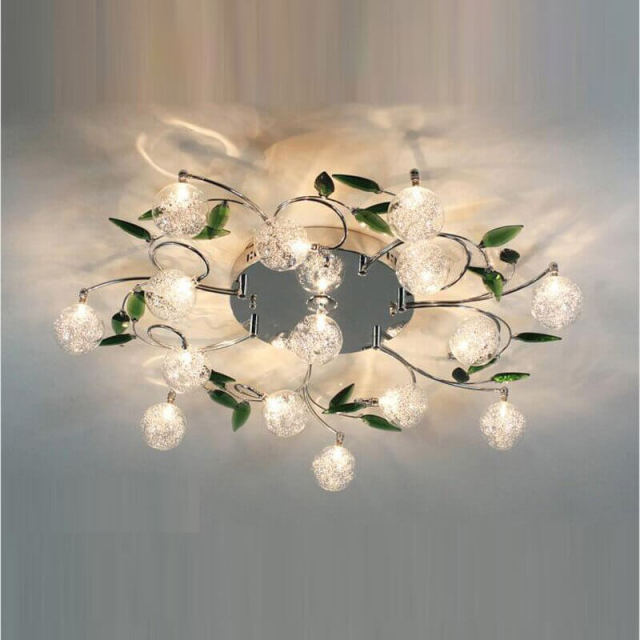 Modern Glass Ball Aluminum Wire Parlor Ceiling Lamp Stainless Steel Top Green Crystal Leaf Living Room Bedroom Ceiling Lamps