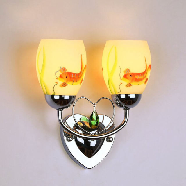 Modern Fish Painting Bedroom Bedsides wall lights Heart Chrome Base Green Crystal Creative Mirror Front Corridor Wall Sconces
