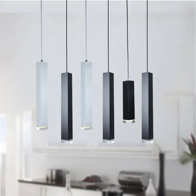 Modern Square Tube Crystal Bottom LED Dining Room Pendant Lights Bar Counter Painted Pipe Restaurant Balcony Corridor Hanging