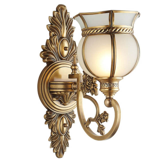 European Copper Carved Living Room Wall Lights American Glass Study Room Bedroom Bedsides Stair Case Corridor Wall Lamp