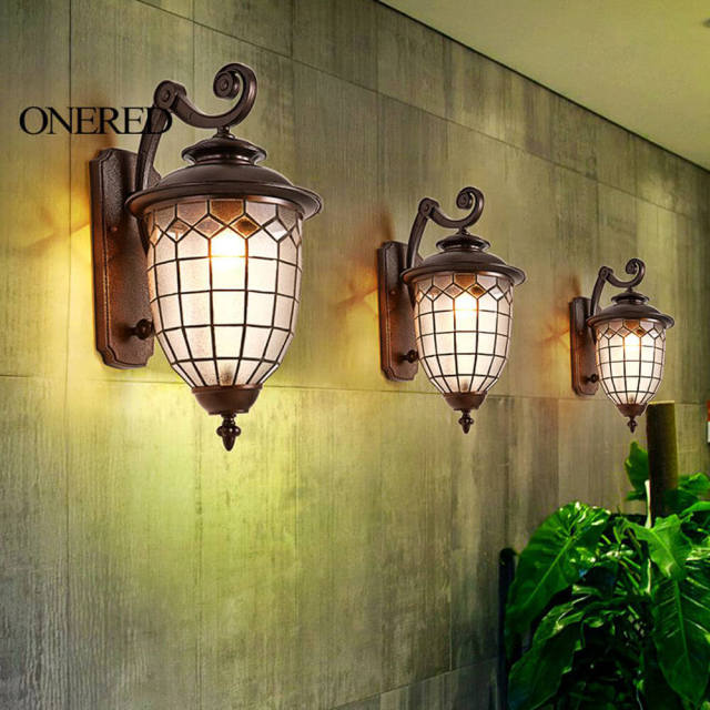 Bronze Vintage Outdoor Porch Wall Lights Water-Proof Garden White rhomboids Glass shade Corridor Hallway Balcony Wall Lighting