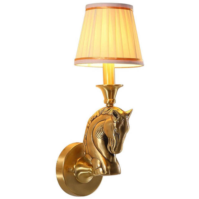 American Loft Copper Horse Head Living Room Wall Lamp Vintage Fabric Shade Bedroom Bedsides Corridor Stair Case Wall Sconces