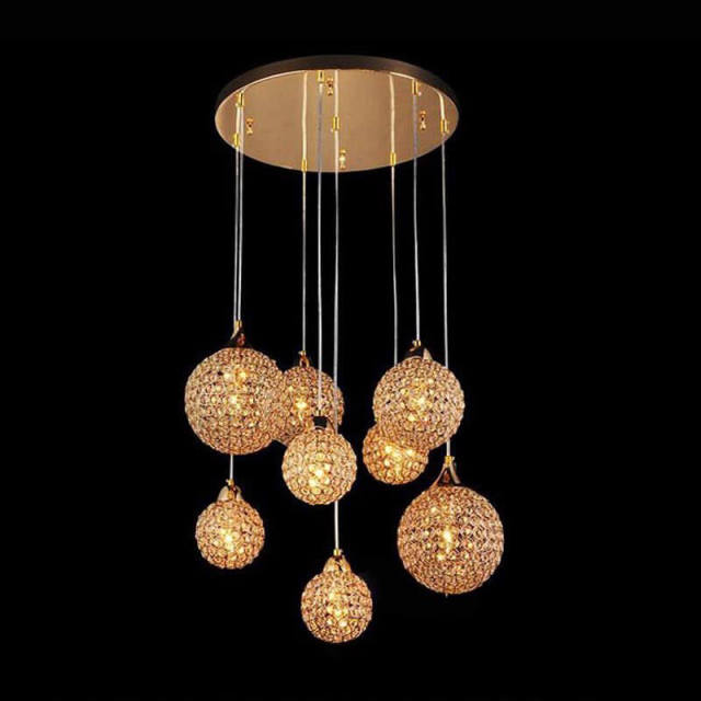 22 inches Wide Round Golden Luxury Crystal Parlor Pendant Lights 8 Pcs Crystal Balls Hanging Living Room Meeting Hall Pendant Lighting