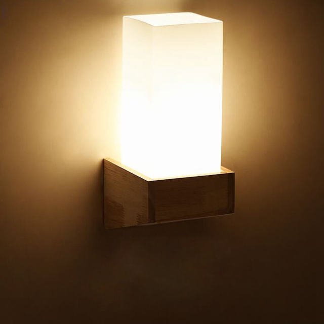 Contracted Wooden Glass Corridor Wall Lamp Bedroom Bedsides Wall Sconce Glass cube Mirror Front Wall Lighting Fixtures