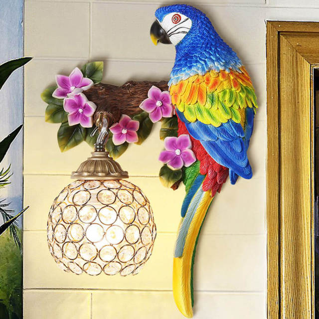 American Resin Colorful Parrot Living Room Wall Light Hallway Corridor Crystal Shade Bedroom Bedsides Wall Lamp European Balcony wall lamp