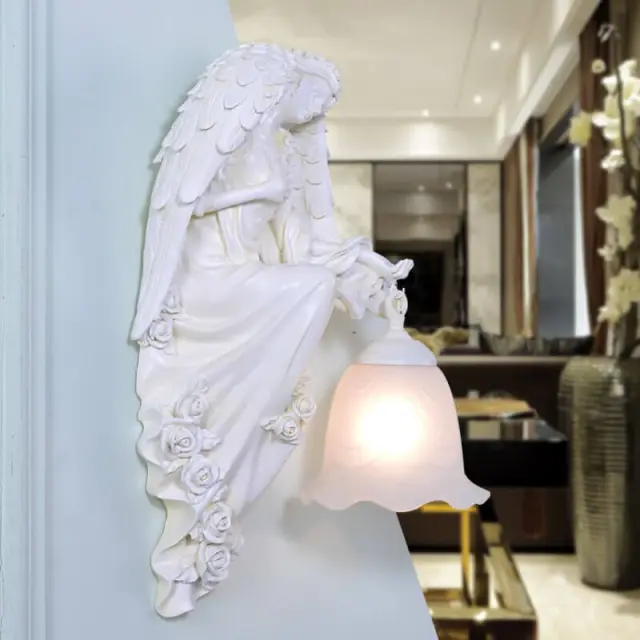 European Resin Wings Angel Corridor Wall Lamp Bedroom Bedsides Goddess Wall Sconce Glass lampshade Balcony Porch Hallway lamps