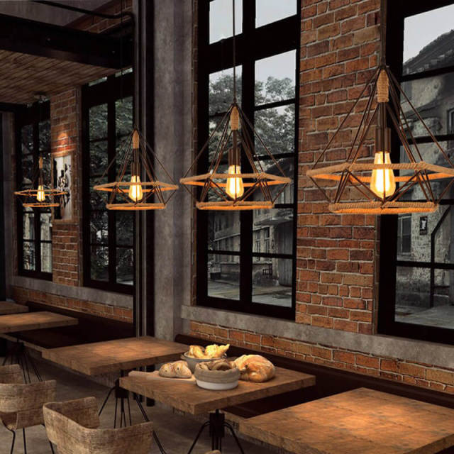 Industrial Black Diamond Frame Restaurant Pendant Light Home Loft hemp rope Dining Room Vintage hanging Lamp suspension Fixtures