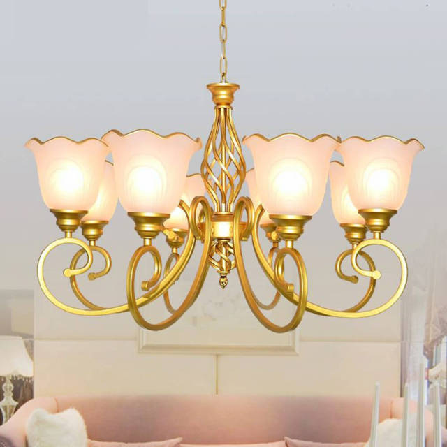 Luxury European Gold Living Room Chandelier Study Room Metal Chain Hanging Lamp Glass Lampshade Parlor Chandelier Lightings