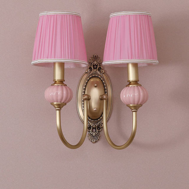 American Princess Pink Fabric Bedroom Bedsides Wall Light Study Room Copper Wall Sconces Balcony Children Corridor Wall Lamps