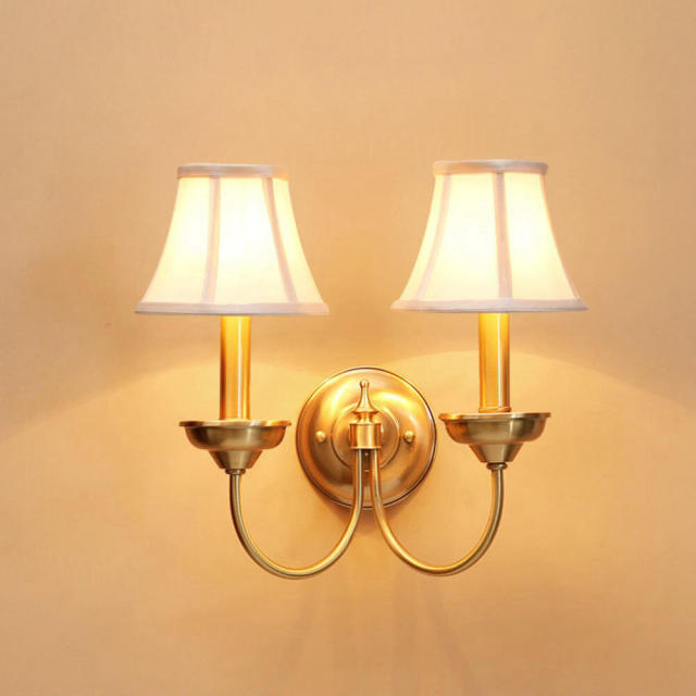 Luxury European Pure Copper Living Room Wall Lamp American Royal Copper Fabric Bedroom Wall Sconce Background Corridor Wall Lamp