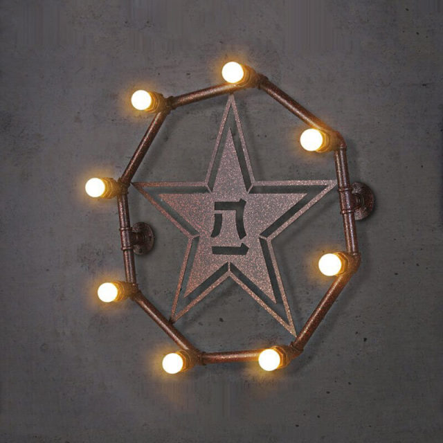Octangle Metal Tube 3D Star Bar Counter Wall Light Rust Metal Pentacle American Country Rustic Balcony Industrial Wall Lamp