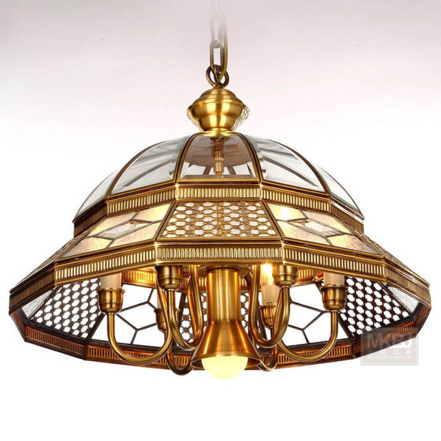 European Pure Copper Living Room Pendant Lamp Study Room Clear Glass Copper Pendant Lamp Bedroom Carved Copper Pendant Light