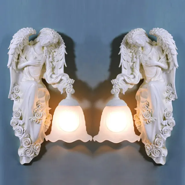 European Resin Wings Angel Corridor Wall Lamp Bedroom Bedsides Goddess Wall Sconce Glass lampshade Balcony Porch Hallway lamps