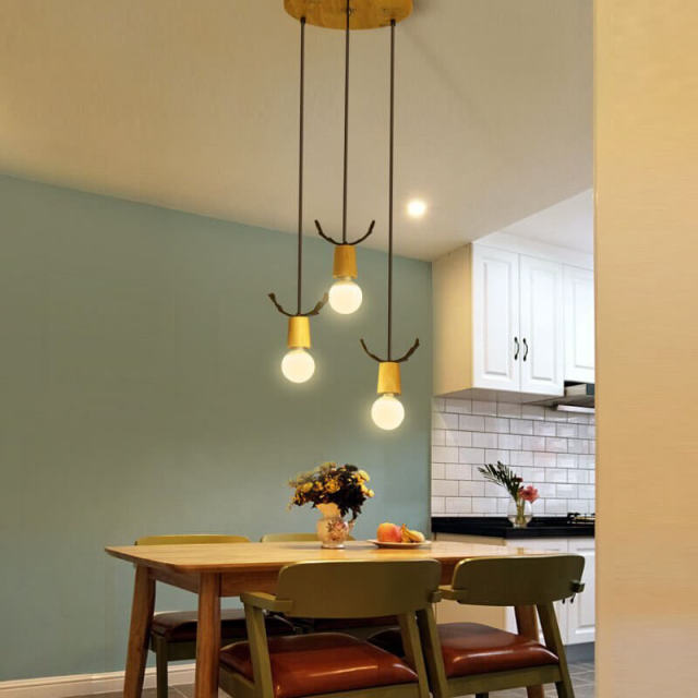 Nordic Metal Antler Wooden Dining Room Pendant Light Restaurant Wooden Top Pendant Lamp Bar Counter Living Room hanging Lamps