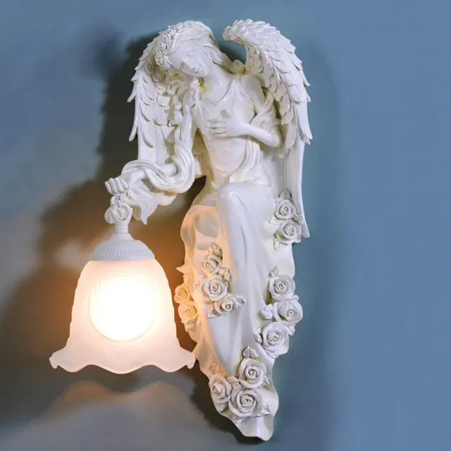 European Resin Wings Angel Corridor Wall Lamp Bedroom Bedsides Goddess Wall Sconce Glass lampshade Balcony Porch Hallway lamps