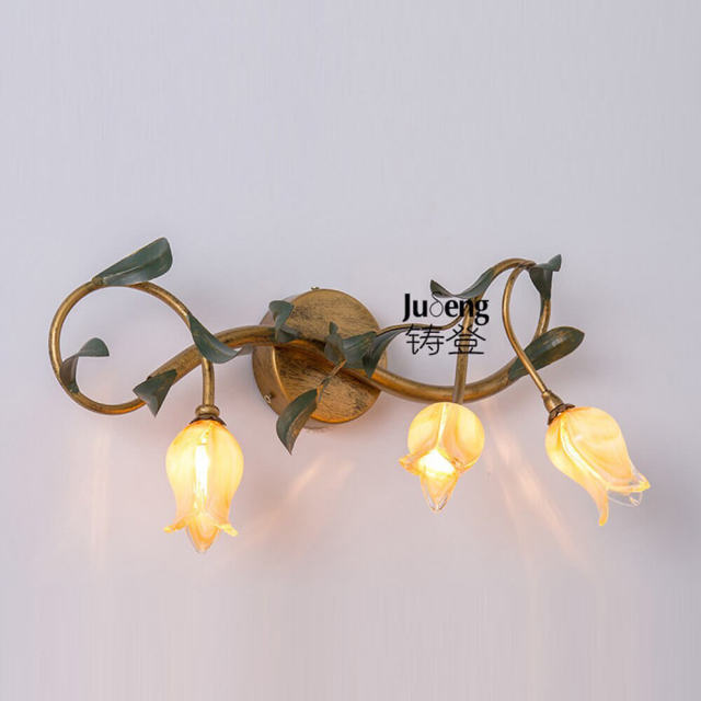 European Bronze Metal Leaves Bathroom Wall Lamp Glass Tulip Lampshade Washroom Wall Sconces Mirror Front Flower Wall Lighting