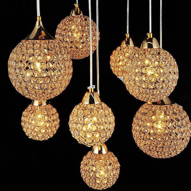 22 inches Wide Round Golden Luxury Crystal Parlor Pendant Lights 8 Pcs Crystal Balls Hanging Living Room Meeting Hall Pendant Lighting
