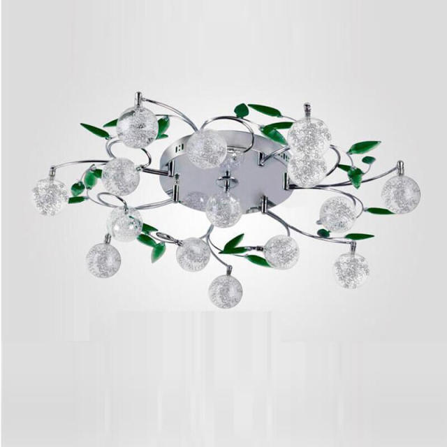 Modern Glass Ball Aluminum Wire Parlor Ceiling Lamp Stainless Steel Top Green Crystal Leaf Living Room Bedroom Ceiling Lamps
