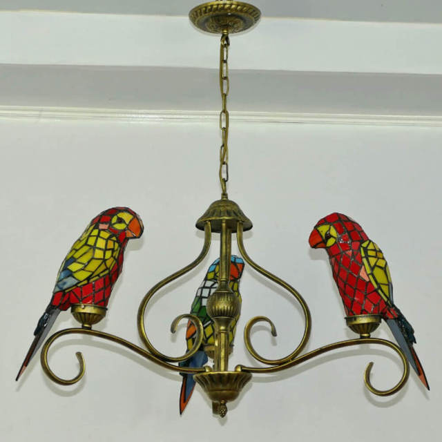 Tiffany Dining Room Glass Parrots Chandelier Lamp Mediterranean Restaurant Hanging Lamp Bar Counter Birds Hanging Lights Cafe House Drop lights