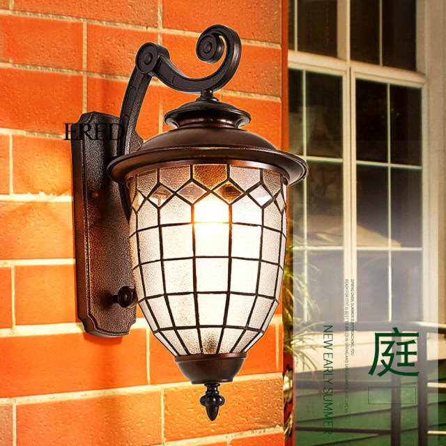 Bronze Vintage Outdoor Porch Wall Lights Water-Proof Garden White rhomboids Glass shade Corridor Hallway Balcony Wall Lighting