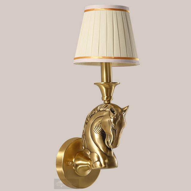American Loft Copper Horse Head Living Room Wall Lamp Vintage Fabric Shade Bedroom Bedsides Corridor Stair Case Wall Sconces