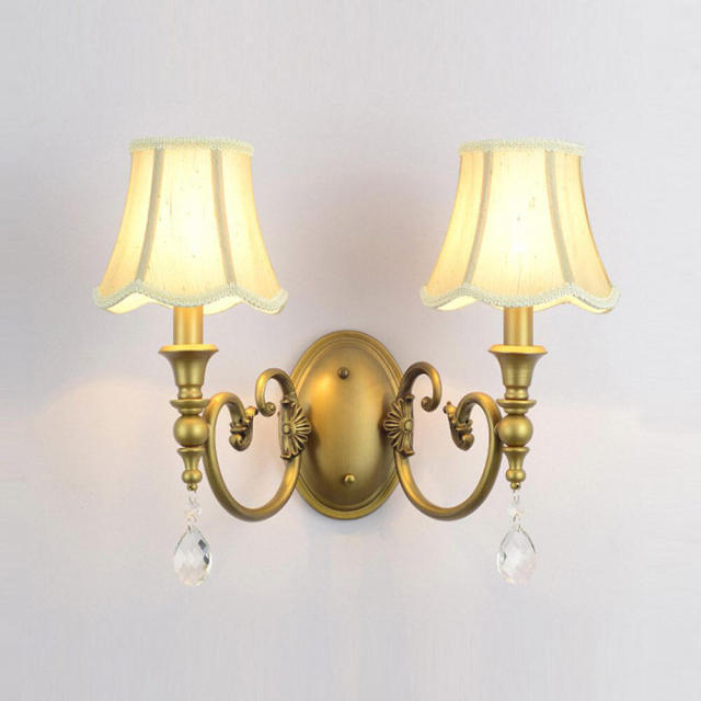 American Villa Copper Fabric Wall Lamp Bedside Lamp Bedroom Living Room French Restaurant Wall Lamp Stairway Crystal Wall Lamps