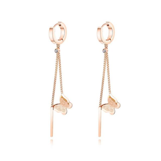 Fashion Butterfly Tassel Ear Pendant Rose Gold Titanium Steel Ear Clip Fashion Butterfly Ear Stud Earrings