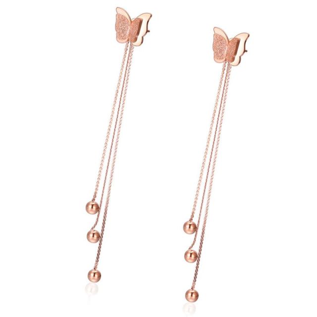 Fashion Butterfly Tassel Ear Pendant Rose Gold Titanium Steel Ear Clip Fashion Butterfly Ear Stud Earrings