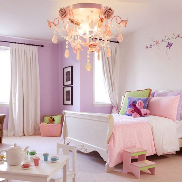 OOVOV Romantic Pink Crystal Girls Room Ceiling Light Fixtures Princess Room Ceiling Lamps Bedroom Ceiling Lights