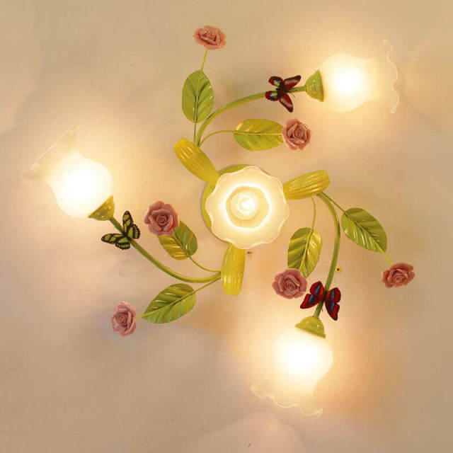 OOVOV Princess Room Cute Flowers Ceiling Lamp Romantic Rural Bedroom Ceiling Lights Dining Room Ceiling Fixtures