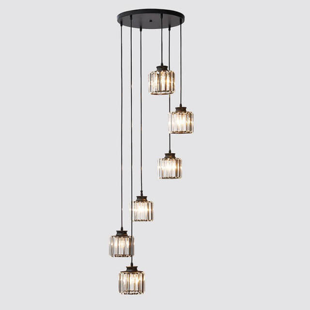 Crystal Pendant Light 6 Lights Long Chandelier with Adjustable Cord for Duplex Stairwell