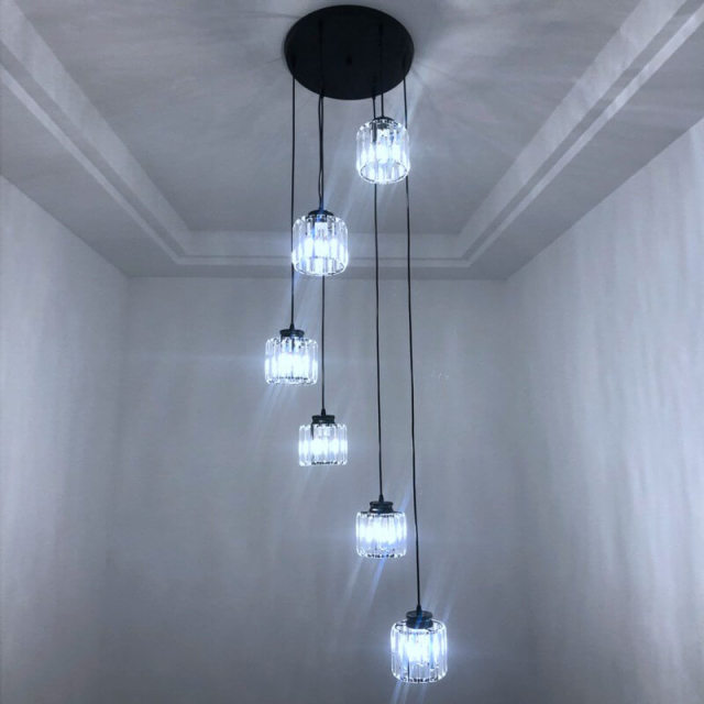 Crystal Pendant Light 6 Lights Long Chandelier with Adjustable Cord for Duplex Stairwell