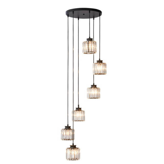 Crystal Pendant Light 6 Lights Long Chandelier with Adjustable Cord for Duplex Stairwell