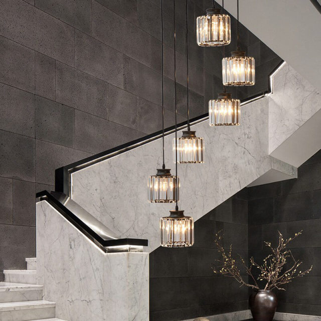 Crystal Pendant Light 6 Lights Long Chandelier with Adjustable Cord for Duplex Stairwell