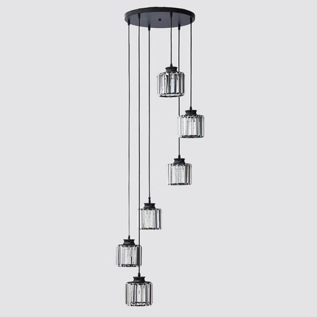 Crystal Pendant Light 6 Lights Long Chandelier with Adjustable Cord for Duplex Stairwell