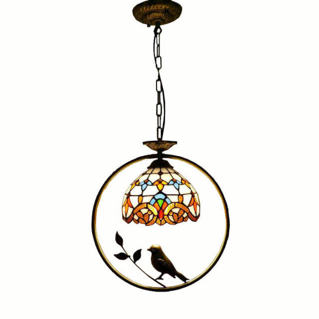 Tiffany Bird Circle Corridor Pendant Lamp Bar Counter Balcony Rockke Glass Shade Hanging Light Hallway Mediterranean Dining Room Drop Lights