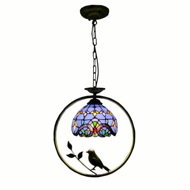 Tiffany Bird Circle Corridor Pendant Lamp Bar Counter Balcony Rockke Glass Shade Hanging Light Hallway Mediterranean Dining Room Drop Lights