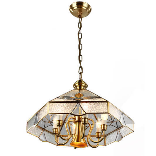 European Pure Copper Living Room Pendant Light Study Room diamond Glass Shade Copper Pendant Lamp Bedroom Carved Pendant Light