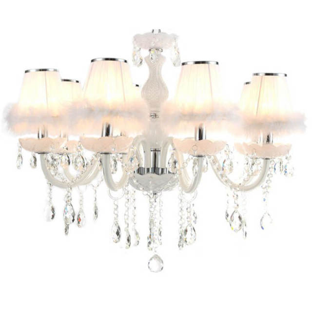 Romantic Princess Room Crystal White Feathers Chandelier Fashion Living Room Hanging Lights Bedroom Drop Lamp Lightings