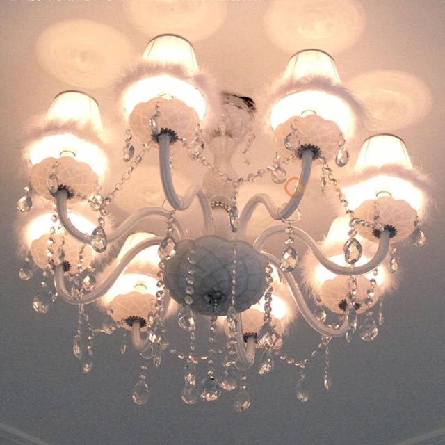 Romantic Princess Room Crystal White Feathers Chandelier Fashion Living Room Hanging Lights Bedroom Drop Lamp Lightings