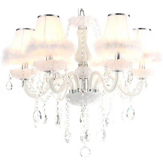 Romantic Princess Room Crystal White Feathers Chandelier Fashion Living Room Hanging Lights Bedroom Drop Lamp Lightings