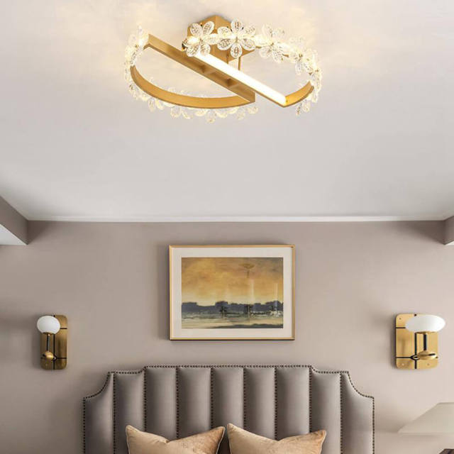 OOVOV Crystal LED Ceiling Light Gold Flowers Ceiling Light Fixture For Dining Room Living Room Bedroom