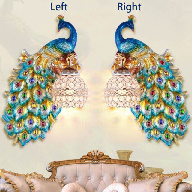 Luxury European Resin Peacock Living Room Wall Light Hallway Corridor Crystal Shade Bedroom Bedsides Wall Lamp European Balcony