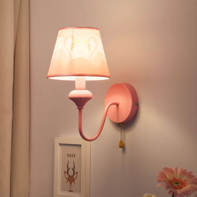 Pink Wall Light Cartoon Wall Sconces with Fabric Lampshade and Rope Switch