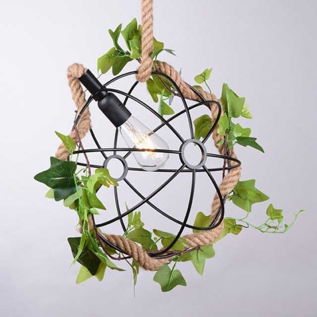 OOVOV Ball Hemp Rope Chandelier Industrial style Pendant Light With Green Plants For Themed Restaurant Balcony Garden Kitchen