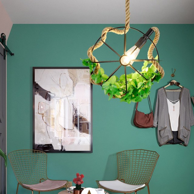 OOVOV Ball Hemp Rope Chandelier Industrial style Pendant Light With Green Plants For Themed Restaurant Balcony Garden Kitchen