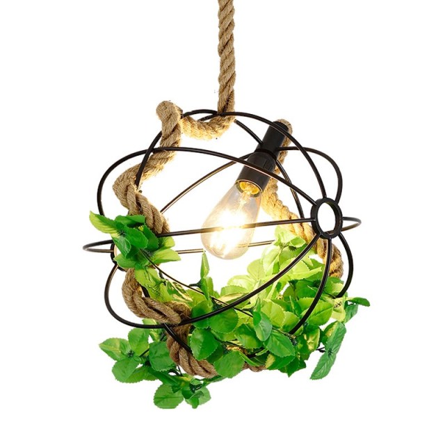OOVOV Ball Hemp Rope Chandelier Industrial style Pendant Light With Green Plants For Themed Restaurant Balcony Garden Kitchen