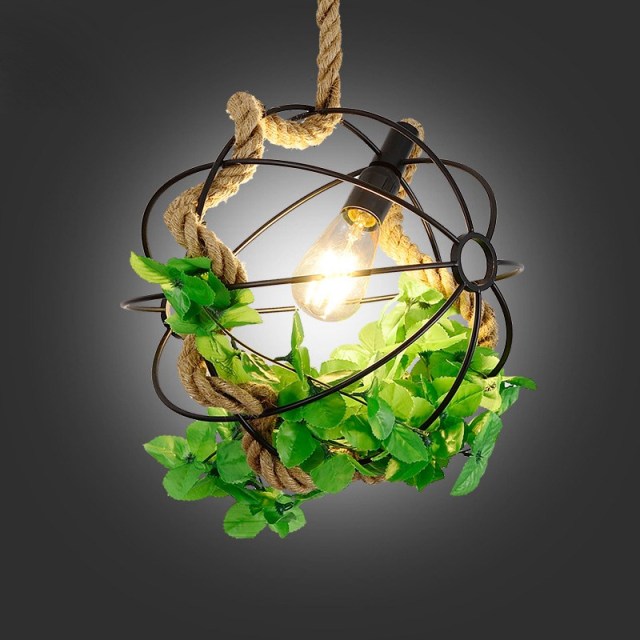 OOVOV Ball Hemp Rope Chandelier Industrial style Pendant Light With Green Plants For Themed Restaurant Balcony Garden Kitchen