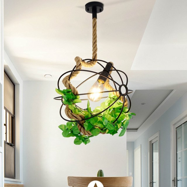 OOVOV Ball Hemp Rope Chandelier Industrial style Pendant Light With Green Plants For Themed Restaurant Balcony Garden Kitchen