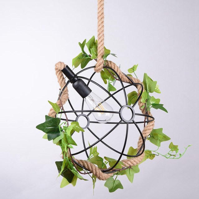 OOVOV Ball Hemp Rope Chandelier Industrial style Pendant Light With Green Plants For Themed Restaurant Balcony Garden Kitchen